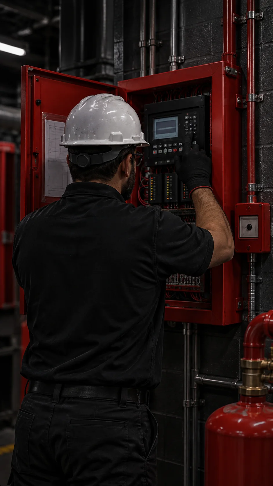 Técnico de segurança trabalhando em um painel de alarme.