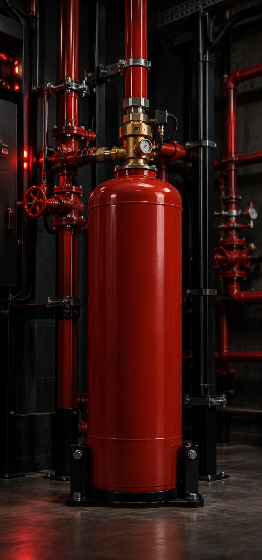 Cilindro vermelho de supressão FM-200 em uma sala técnica.